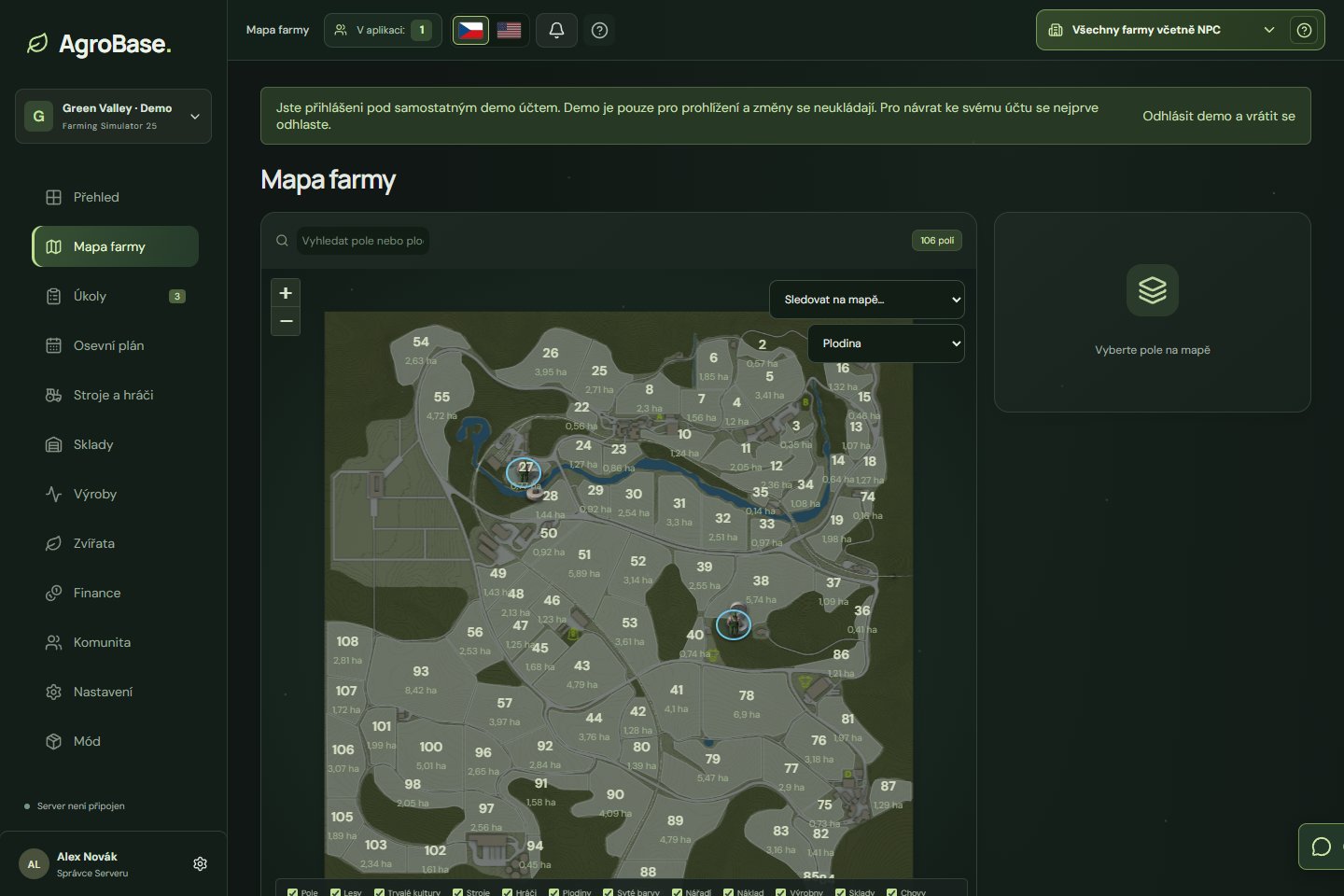 Interaktivní mapa AgroBase s hranicemi a výměrami polí a přepínači mapových vrstev.