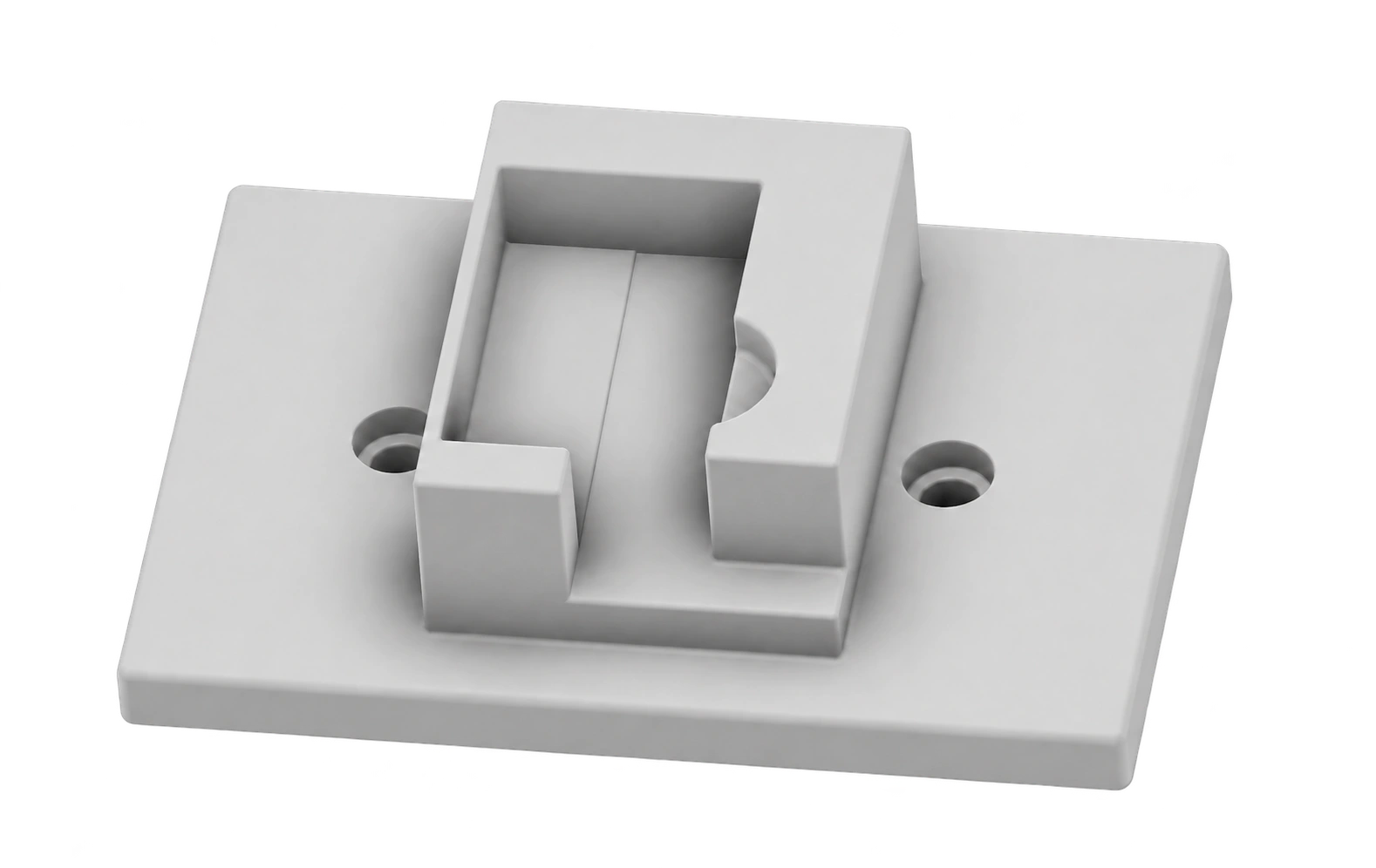 3D model přípravku na lisování s tvarovou dutinou, základovou deskou a dvěma upevňovacími otvory.