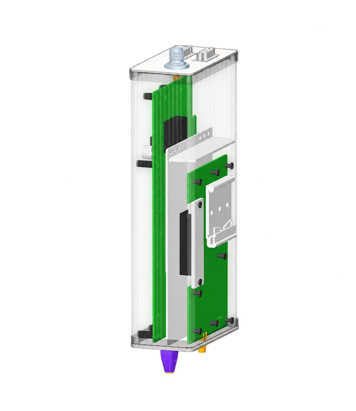 3D model podlouhlé sestavy s průhledným krytem, elektronickými deskami a konektory na obou koncích.