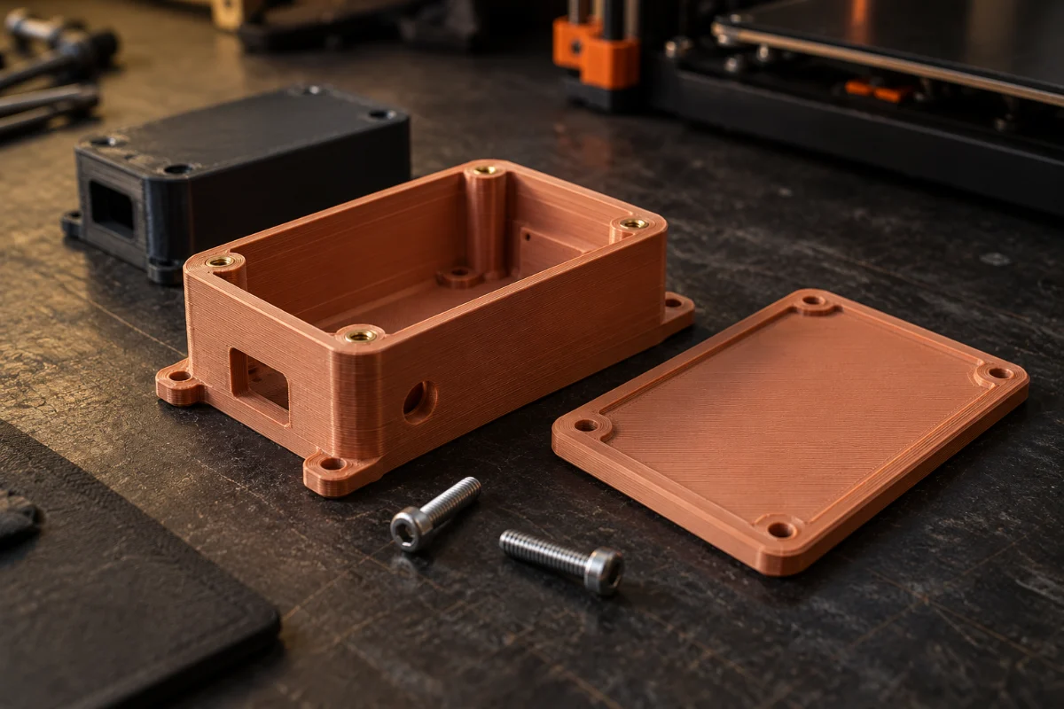 Ilustrační vizualizace terakotového 3D tištěného krytu, jeho víka a spojovacího materiálu.